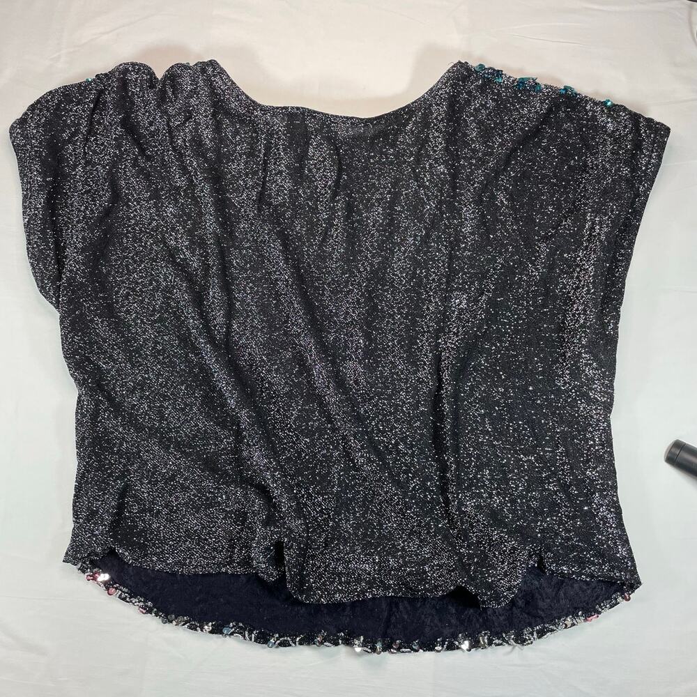 Joanna Vtg Women's Sequin Wave Cap Sleeve Top Black Multi Color M Disco Glam - Picture 4 of 5